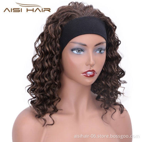 Aisi Hair Afro Curly High Temperature Fiber Synthetic Wigs with Headband Mixed Brown Color Short Curly Wigs for Black Women